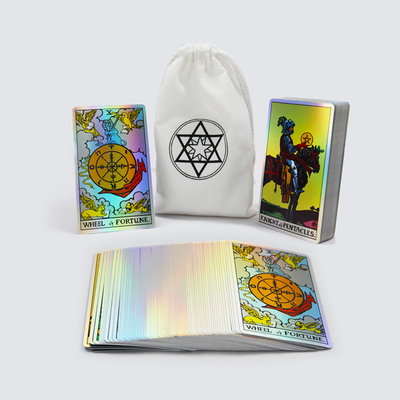 Cartas de tarot láser premium personalizadas para principiantes, venta al por mayor, carta de tarot de bruja de tamaño regular empaquetada en bolsa de tela blanca